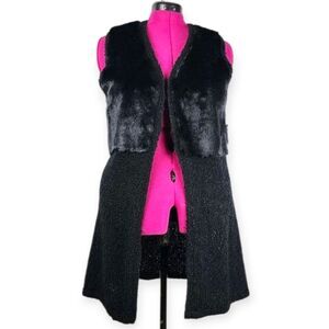 Style & Co Black Faux Fur Vest Sweater Open Front Cardigan Sleeveless Jacket S